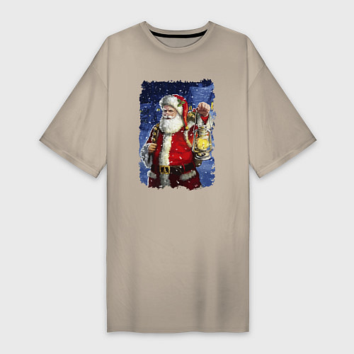 Женская футболка-платье Santa Claus shines a lantern / Миндальный – фото 1