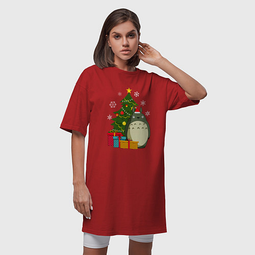 Женская футболка-платье Тоторо новогодний / Красный – фото 3