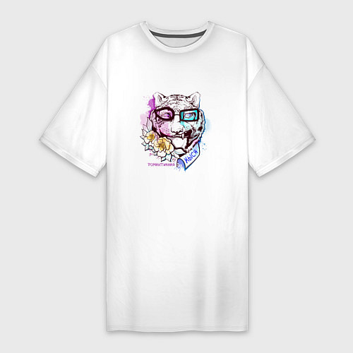Женская футболка-платье Голова тигра эмоциональная с цветами и в рубашке в / Белый – фото 1
