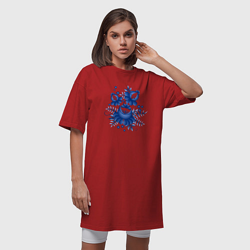 Женская футболка-платье Голубой орнамент Гжель / Красный – фото 3