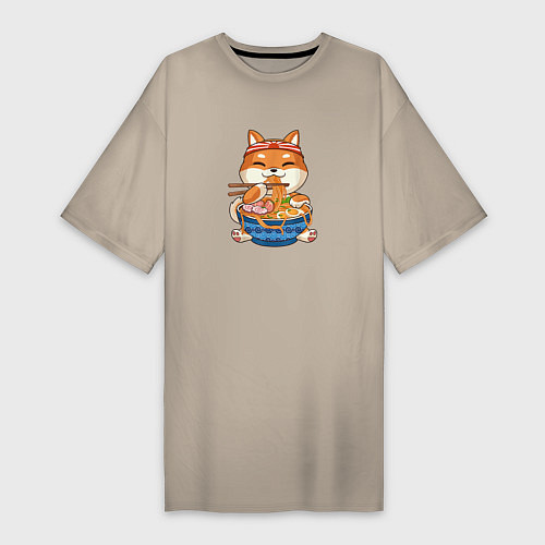 Женская футболка-платье Shiba Inu Eating Ramen / Миндальный – фото 1