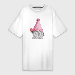 Футболка женская-платье Милый гном в розовой шапке, цвет: белый