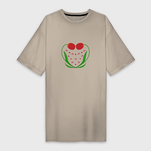 Женская футболка-платье Тюльпановое сердце и бабочки / Миндальный – фото 1