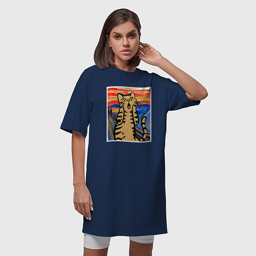 Женская футболка-платье Орущий кот пародия на Крик Мунка / Тёмно-синий – фото 3