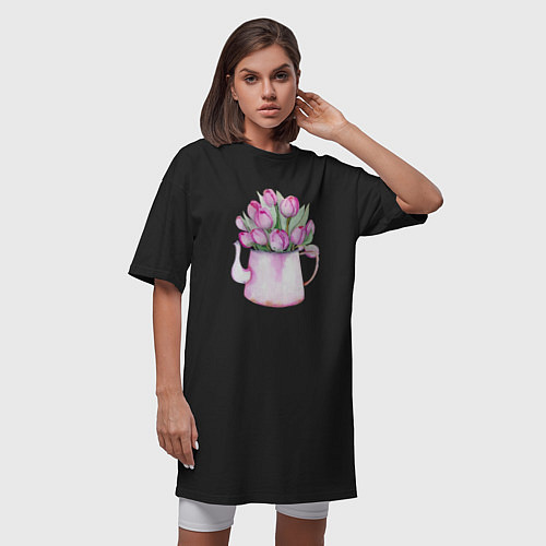 Женская футболка-платье Букет тюльпанов в вазе / Черный – фото 3