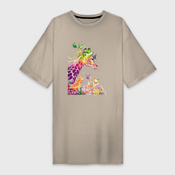 Футболка женская-платье Жираф и бабочки, цвет: миндальный