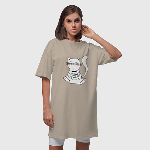 Женская футболка-платье Белый кот с кофе / Миндальный – фото 3