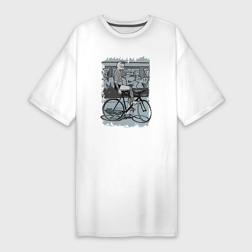 Женская футболка-платье Байкер кошка на велосипеде / Белый – фото 1