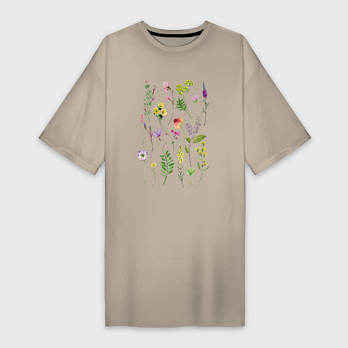 Женская футболка-платье Полевые растения цветы ботаника / Миндальный – фото 1