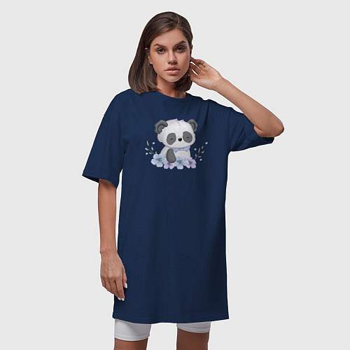 Женская футболка-платье Милая Пандочка С Цветами / Тёмно-синий – фото 3