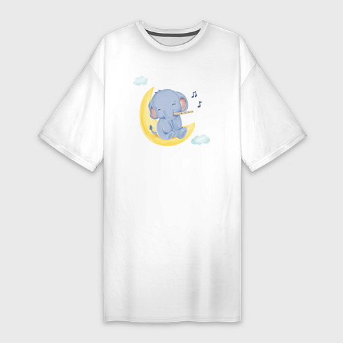 Женская футболка-платье Милый Слонёнок Сидит На Месяце Играя На Флейте / Белый – фото 1