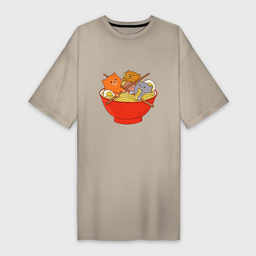 Женская футболка-платье THREE CATS EATING NOODLES / Миндальный – фото 1