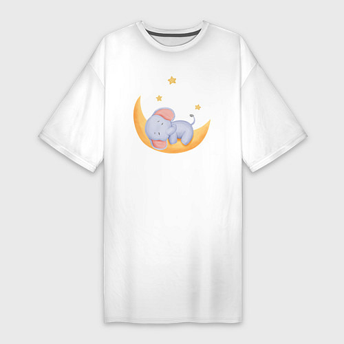 Женская футболка-платье Милый Слонёнок Спит На Месяце Среди Звёзд / Белый – фото 1