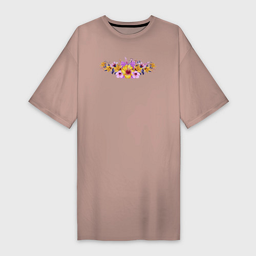 Женская футболка-платье Цветы Разноцветные Гибискус и Ирисы / Пыльно-розовый – фото 1