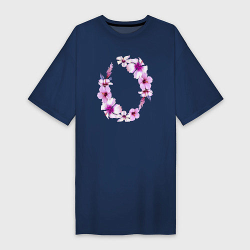 Женская футболка-платье Цветы Венок Из Розовых Гибискусов / Тёмно-синий – фото 1