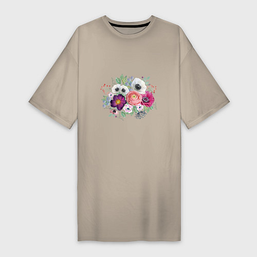 Женская футболка-платье Букет из белых и розовых анемонов / Миндальный – фото 1