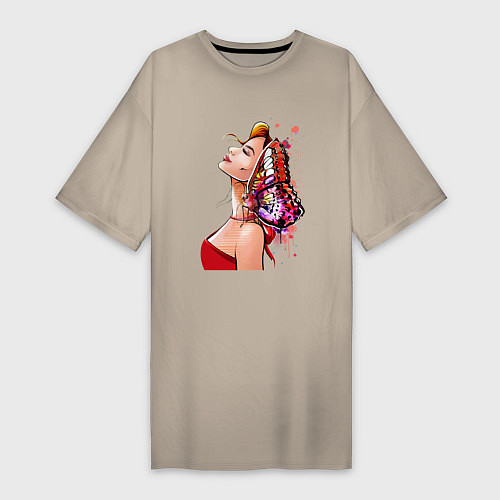 Женская футболка-платье Девушка в красном и бабочка / Миндальный – фото 1