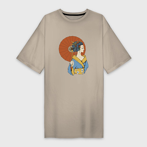 Женская футболка-платье Гейша с зонтиком / Миндальный – фото 1