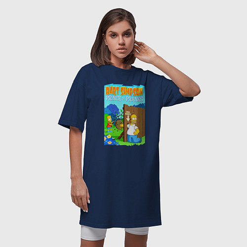 Женская футболка-платье Барт Симпсон дурит своего батю - розыгрыш / Тёмно-синий – фото 3