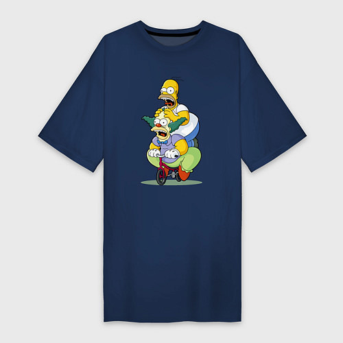 Женская футболка-платье Гомер Симпсон и Клоун Красти едут на детском велос / Тёмно-синий – фото 1