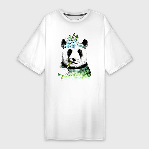 Женская футболка-платье Прикольный панда жующий стебель бамбука / Белый – фото 1