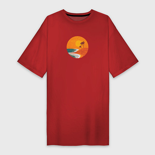 Женская футболка-платье Две пальмы на пляже во время заката минимализм / Красный – фото 1