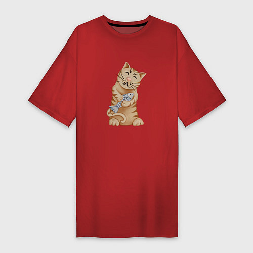 Женская футболка-платье Кот с рыбой в лапках / Красный – фото 1