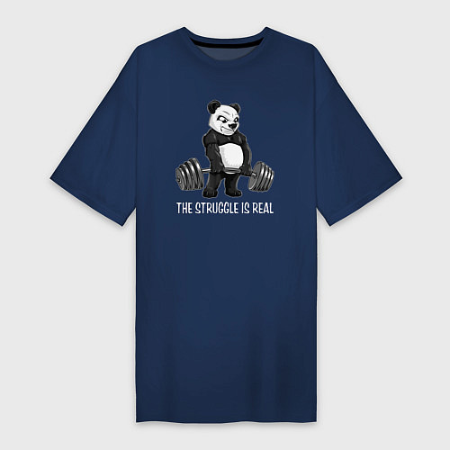 Женская футболка-платье Это настоящая борьба - панда штангист / Тёмно-синий – фото 1