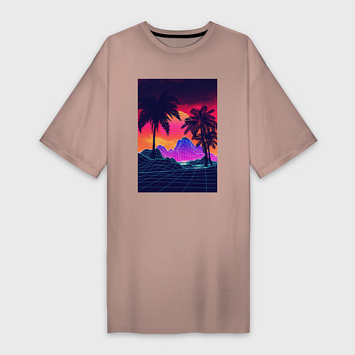 Женская футболка-платье Синтвейв пляж и пальмы / Пыльно-розовый – фото 1