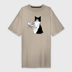 Женская футболка-платье Кот, сидя в воде, караулит золотую рыбку