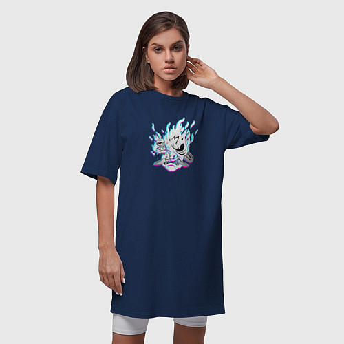 Женская футболка-платье Cyberpunk 2077 neon samurai glitch art / Тёмно-синий – фото 3