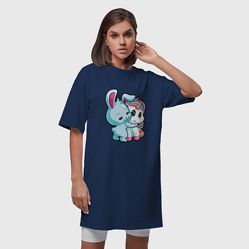 Женская футболка-платье Кролик и единорог / Тёмно-синий – фото 3