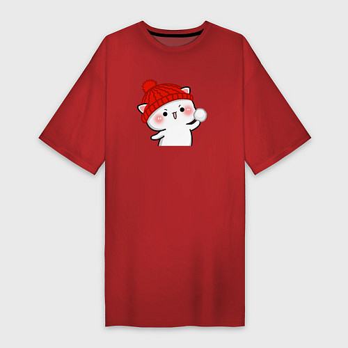 Женская футболка-платье Игра в снежки - белый котик / Красный – фото 1