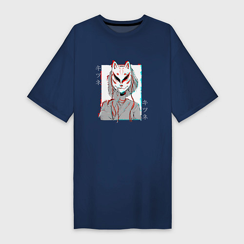 Женская футболка-платье Аниме девушка в маске кицунэ / Тёмно-синий – фото 1