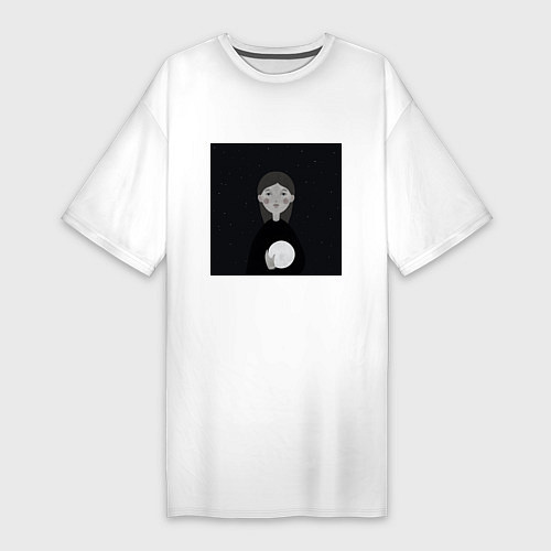 Женская футболка-платье Девочка с луной в руке на фоне звёздного неба / Белый – фото 1