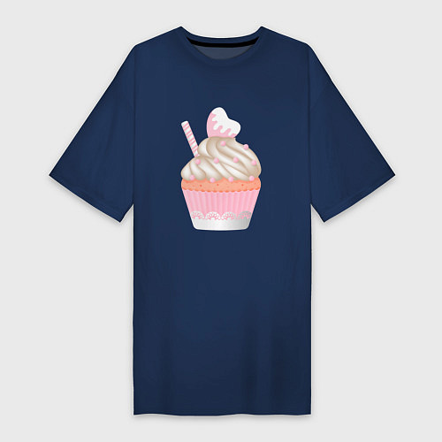 Женская футболка-платье Кекс с сердечком в розовой тарталетке / Тёмно-синий – фото 1