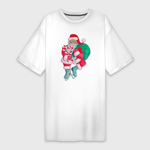 Женская футболка-платье Санта Клаус с мешком подарков на коньках / Белый – фото 1