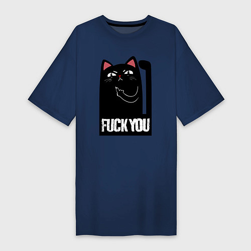 Женская футболка-платье Black cat - fuck you / Тёмно-синий – фото 1