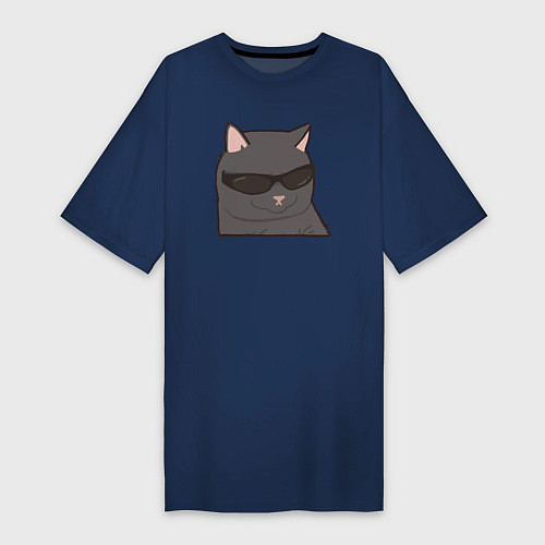 Женская футболка-платье Серый котик в очках / Тёмно-синий – фото 1