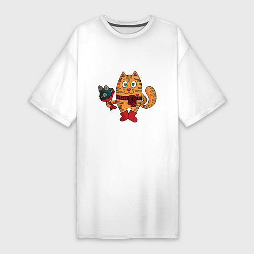 Женская футболка-платье Влюбленный рыжий кот с рыбным букетом / Белый – фото 1