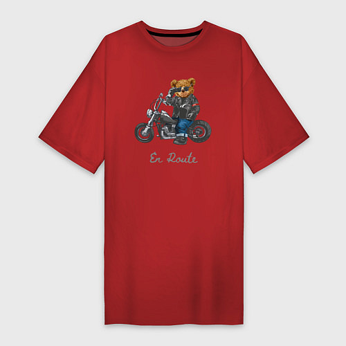Женская футболка-платье Крутой мотоциклист медведь / Красный – фото 1