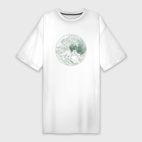 Женская футболка-платье Тоторо серфит на большой волне в канагаве - зелены / Белый – фото 1