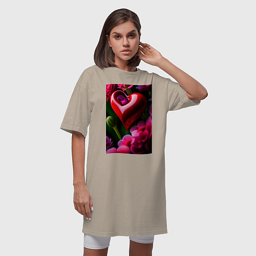 Женская футболка-платье Сердце с цветами / Миндальный – фото 3