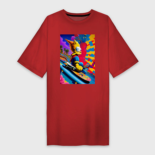 Женская футболка-платье Барт Симпсон скейтбордист - нейросеть / Красный – фото 1