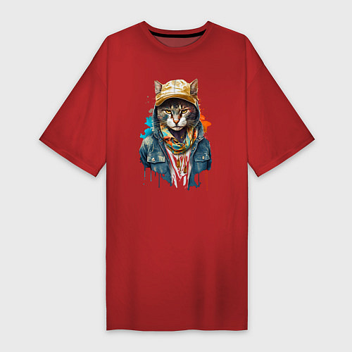 Женская футболка-платье Кот репер / Красный – фото 1