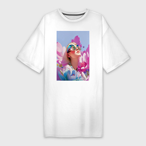 Женская футболка-платье Весенняя девушка в цветах / Белый – фото 1