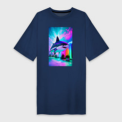 Женская футболка-платье Неоновая акула - нейросеть