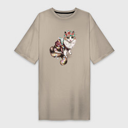 Женская футболка-платье Кошечка с цветами
