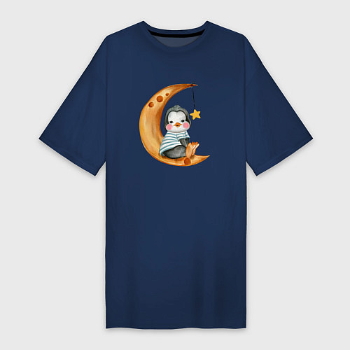 Женская футболка-платье Пингвин на месяце / Тёмно-синий – фото 1
