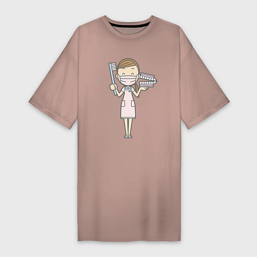 Женская футболка-платье Врач-стоматолог держит щётку и челюсть / Пыльно-розовый – фото 1